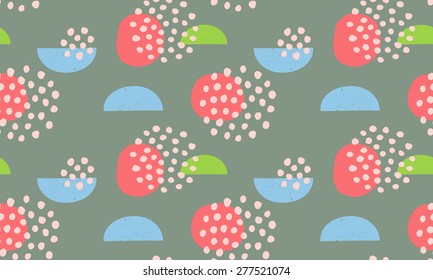 colorful vector seamless pattern of abstract, geometric shapes, imperfectly drawn, in red, green, blue and pink