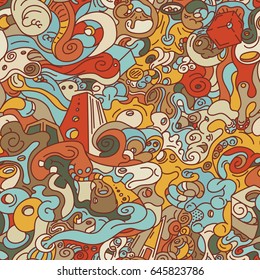 Colorful vector seamless pattern with abstract hand drawn psychedelic illustration in cartoon style on a subject of dreams. Repeating texture perfect for wallpapers, wrapping paper and textile.