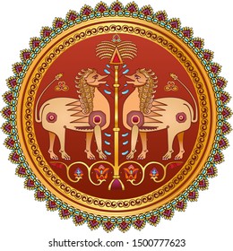 Colorful vector seamless pattern in Arabian Islamic style for custom textile design, background, cover. Ornamental exotic lion in circle frame, hounds, trees. Isolated. Terracotta, red, gold colors. 