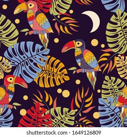 Colorful vector seamless pattern, australian birds and plants. Design for fabric, carpet, textile, print, wallpaper, backdrop. Tropical cartoon illustration. Vector floral wallpaper, background.