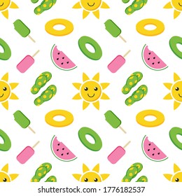 Colorful vector seamless pattern background with summer vacation things. Sun character, watermelon, ice cream, flip flops and rubber ring.
