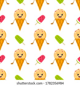 Colorful vector seamless pattern background with smiling ice cream cone character and popsicles for summer food design.
