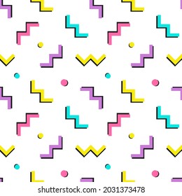 Colorful vector seamless pattern background with zigzag and circles, geometric shapes for 80s or 90s design.
