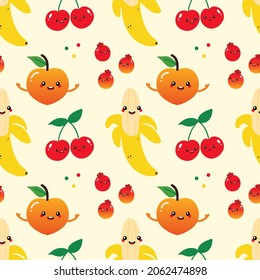Colorful vector seamless pattern background with banana, cherry, peach and berries characters for food design.
