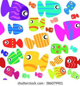 Colorful Vector Seamless Pattern Background Of Tropical Fish. Perfect For Book Cover, Wallpaper, Wrapping Paper
