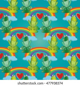 Colorful vector seamless pattern background wallpaper with green cartoon funny love frogs couple, love hearts, rainbow and blue  clouds. Endless illustration and texture.