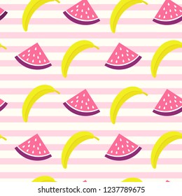 Colorful  vector seamless pattern with banana and watermelon slices on striped backdrop. Summer background. For design banner, wrapping paper, wallpaper, print for clothes for boys and girls.