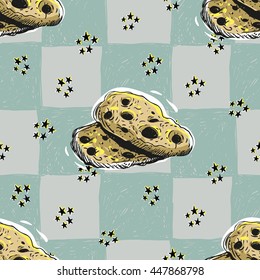 Colorful vector seamless pattern with biscuit and star elements on plaid background. Illustration in sketched, hand drawn style.