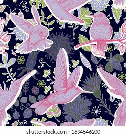 Colorful vector seamless pattern. Black and pink floral wallpaper with birds. Vector clipart. Design for textile, fabric, cover, wallpaper, background, backdrop, print, shawl, rug