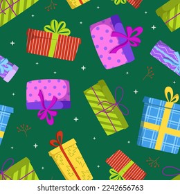 Colorful vector seamless pattern with bright gift boxes for Christmas and Happy new year on the green background. Ideal for christmas design and gift. Happy Holidays