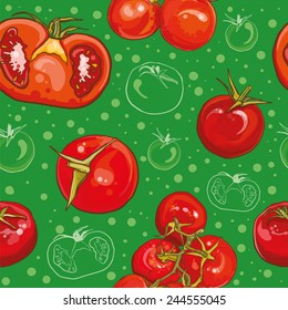 Colorful vector seamless pattern with bright fresh tomatoes. Single tomato, cherry tomatoes, tomatoes on a branch, half a tomato. 