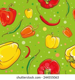 Colorful vector seamless pattern with bright fresh peppers. Vector illustration of peppers, chili peppers, cayenne and spice. 