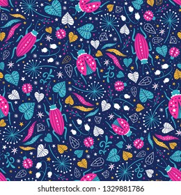 Colorful vector seamless pattern with bugs, gems and floral elements.