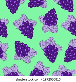 Colorful Vector seamless pattern with bunches of grapes with leaves. Fruit pattern background.