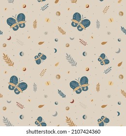 Colorful vector seamless pattern with butterflies, flowers, leaves and mood. Illustration of floral decoration with light background