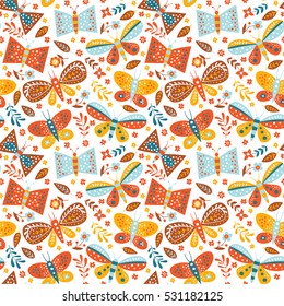 Colorful vector seamless pattern with butterflies and flowers.
