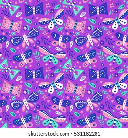 Colorful vector seamless pattern with butterflies and flowers.