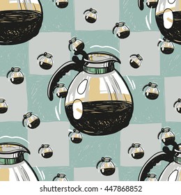 Colorful vector seamless pattern with cafetiere elements on plaid background. Illustration in sketched, hand drawn style.