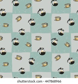Colorful vector seamless pattern with cafetiere and coffee cup elements on plaid background. Illustration in sketched, hand drawn style.