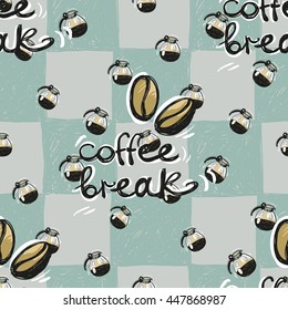 Colorful vector seamless pattern with cafetiere and coffee break inscription elements on plaid background. Illustration in sketched, hand drawn style.