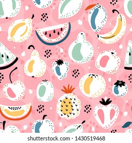 Colorful Vector Seamless Pattern with Cartoon Doodle Cute Fruits and Berries. Summer Fruit Food Childish Background