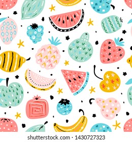 Colorful Vector Seamless Pattern with Cartoon Doodle Cute Fruits and Berries with abstract patterns. Summer Fruit Food Childish Background