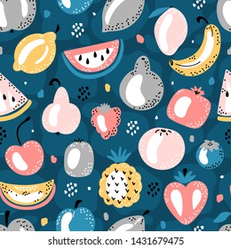 Colorful Vector Seamless Pattern with Cartoon Doodle Cute Fruits and Berries. Summer Fruit Food Childish Background