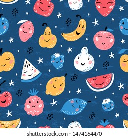 Colorful Vector Seamless Pattern with Cartoon Doodle Funny Cute Fruits and Berries. Summer Kawaii Fruit Food Childish Background