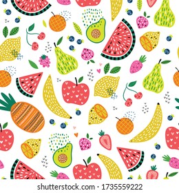 Colorful Vector Seamless Pattern With Cartoon Doodle Cute Fruits And Berries With Abstract Patterns. Summer Fruit Food Childish Background