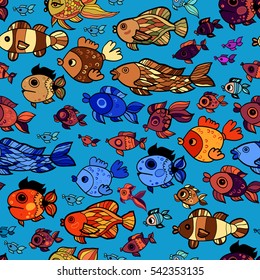 Colorful vector seamless pattern with cartoon childish fishes