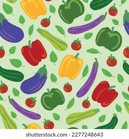Colorful vector seamless pattern with cherry tomatoes, bell peppers, eggplants, zucchini and basil leaves, inspired by Sicilian caponata. Perfect for kitchen decor, fabric, wallpaper, food packaging.