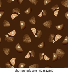 Colorful vector seamless pattern of chocolate candy on a dark brown background