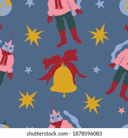 Colorful vector seamless pattern with Christmas ornaments and stars on blue background. Cute cat, bell with ribbon and ball. Bright, festive, new year, for kids, Christmas tree, Christmas market.