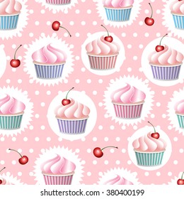 Colorful vector seamless pattern with cupcakes and cherry in polka dot background. Colorful vector seamless pattern in retro style.
