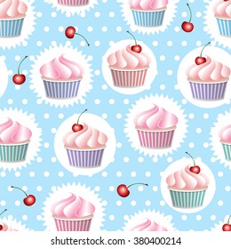 Colorful vector seamless pattern with cupcakes and cherry in polka dot background. Colorful vector seamless pattern in retro style.