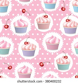 Colorful vector seamless pattern with cupcakes and cherry in polka dot background. Colorful vector seamless pattern in retro style.