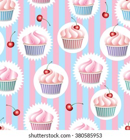 Colorful vector seamless pattern with cupcakes and cherry on a  striped background. Colorful vector seamless pattern in retro style.