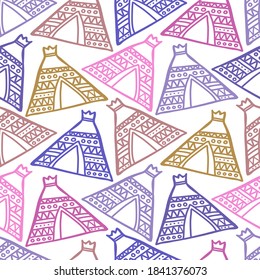 Colorful vector seamless pattern design of lined silhouettes of ancient pyramid house. The design is perfect for decorations, textiles, backgrounds, wrapping paper, wallpaper.