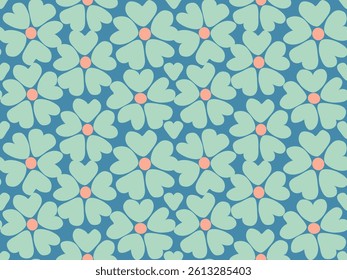 Colorful vector seamless pattern design with retro flower and heart shapes for textile decoration