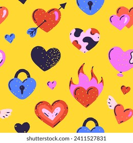 Colorful vector seamless pattern of different hearts on yellow background. Love and passion. Valentine's Day. Hand drawn style. Print for fabrics, wallpaper, wrapping paper, gift bags