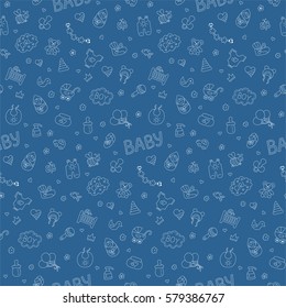 Colorful Vector Seamless Pattern In Doodle And Cartoon Style On The Baby Theme. Blue