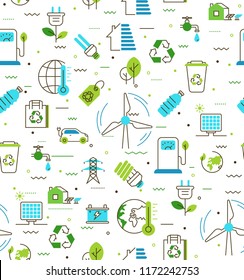 Colorful vector seamless pattern of Ecology, Environmental and Recycle with linear icons. Contains such Icons as  Car Battery, Earth Environment, Eco Bag, Electric Car, Energy Efficiency, Energy Save