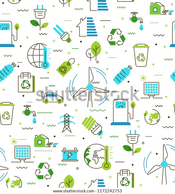 Colorful vector seamless pattern of Ecology,\
Environmental and Recycle with linear icons. Contains such Icons as\
 Car Battery, Earth Environment, Eco Bag, Electric Car, Energy\
Efficiency, Energy\
Save