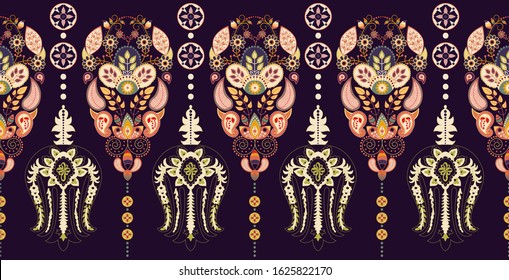 Colorful vector seamless pattern with ethnic decorative elements. Indian floral wallpaper. Design for background, wrapping paper, wallpaper, backdrop, fabric, cover, rug, carpet