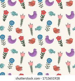 Colorful vector seamless pattern with ethnic hand drawn spring flowers and birds. 