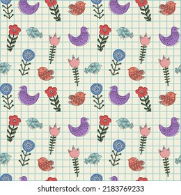Colorful vector seamless pattern with ethnic hand drawn spring flowers and birds in a checkered notebook 
