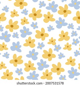 Colorful vector Seamless pattern with fairy  yellow and blue flowers and leaves on a white background. Creative texture for fabric, wrapping, textile, wallpaper.