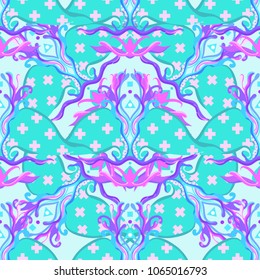  Colorful vector seamless pattern. Fantasy luxury texture for wallpapers, backgrounds and page fill.Hand-drawn  flower element in neon pastel colors. Retro gothic style. 