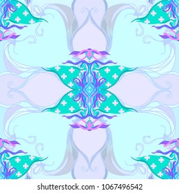  Colorful vector seamless pattern. Fantasy luxury texture for wallpapers, backgrounds and page fill.Hand-drawn  flower element in neon pastel colors. Retro gothic style. 