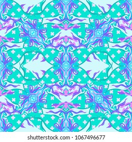  Colorful vector seamless pattern. Fantasy luxury texture for wallpapers, backgrounds and page fill.Hand-drawn  flower element in neon pastel colors. Retro gothic style. 